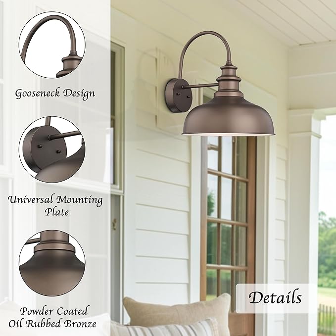 Bestshared Gooseneck Barn Light 14 Inch Dome Farmhouse Wall Sconce, Outside Wall Mount Light, Exterior Lighting Fixture, Front Door Porch Lantern Lamp for Entryway, Patio (ORB+White, 14” Dome-2Pack)