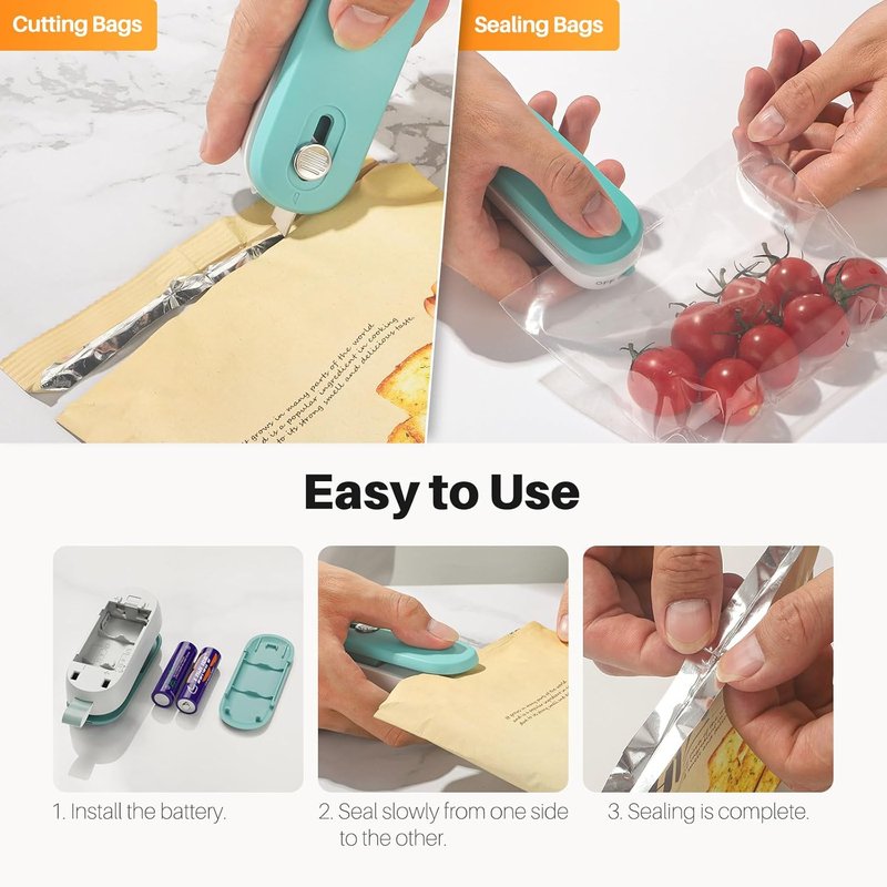 Mini Bag Sealer - 2 in 1 Heat Seal and Cutter for Snacks & Food Storage | Portable Handheld Design