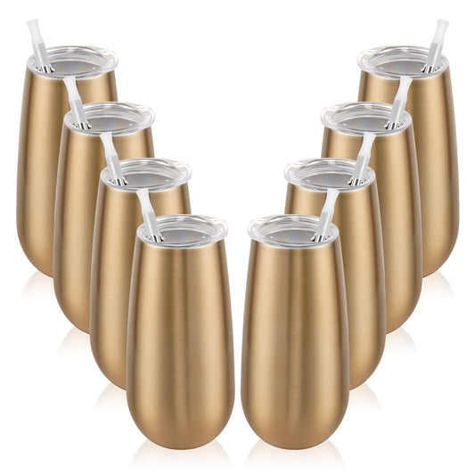 8 Pack Insulated Champagne Tumblers, Stemless Champagne Tumbler 6 Oz, Champagne Flutes Wine Tumbler, Unbreakable Cocktail Cups with Lid, Gift for Family Friends Christmas Birthday Wedding (Gold)