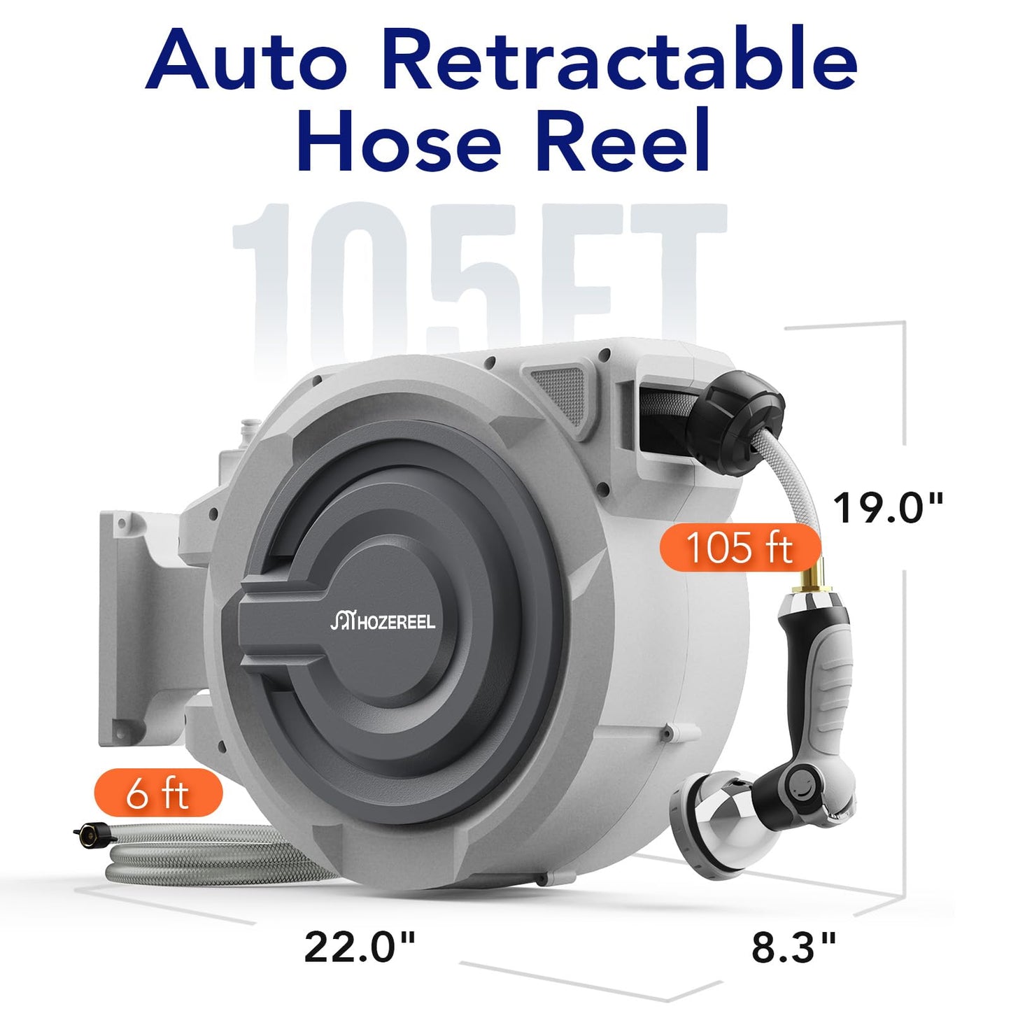 110 FT Retractable Garden Hose Reel by HOZEREEL, Outdoor Garden Hose Reels 1/2" - Automatic Self Retract Wall Mount Hose Reel Enclosed Storage, Any Length Lock, 10 Pattern Nozzle-Grey