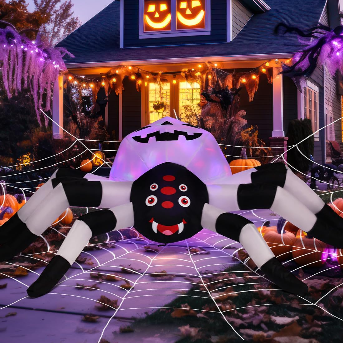 GOOSH 5FT Width Halloween Inflatables Outdoor Decorations Spider with Magic Light Broke Out from Window, Blow Up Yard Decorations with LED Lights for Party Yard Garden Lawn