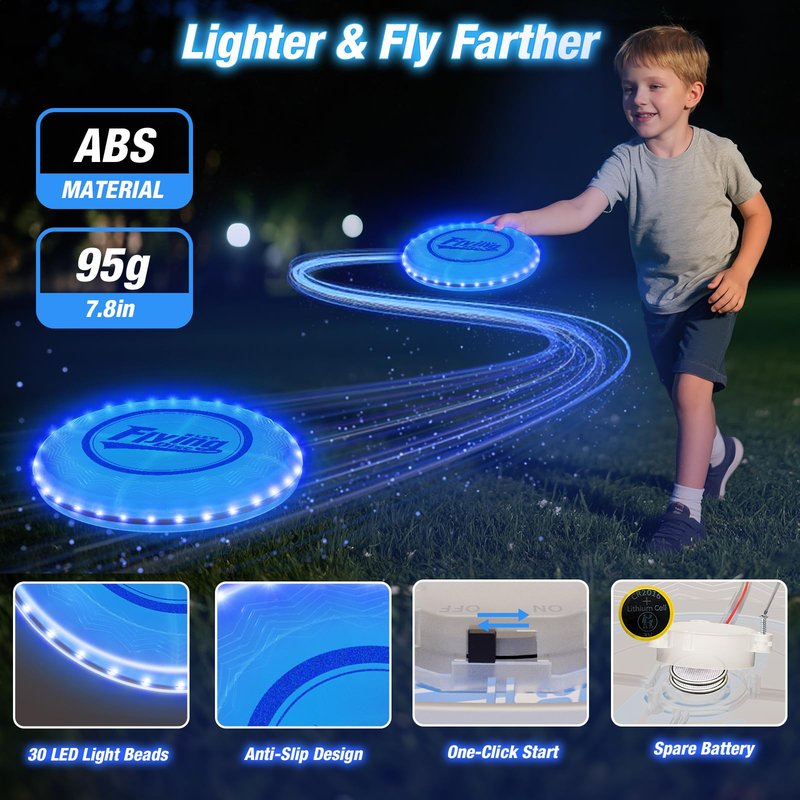 HYES 2 Pack Light up Flying Discs for Kids, Rechargeable Disc with 45 LEDs, 14 Lighting Modes(10")&Built-in Battery Disc(7.8"), Glow in The Dark Ring for Beach/Camping/Outdoor Sport