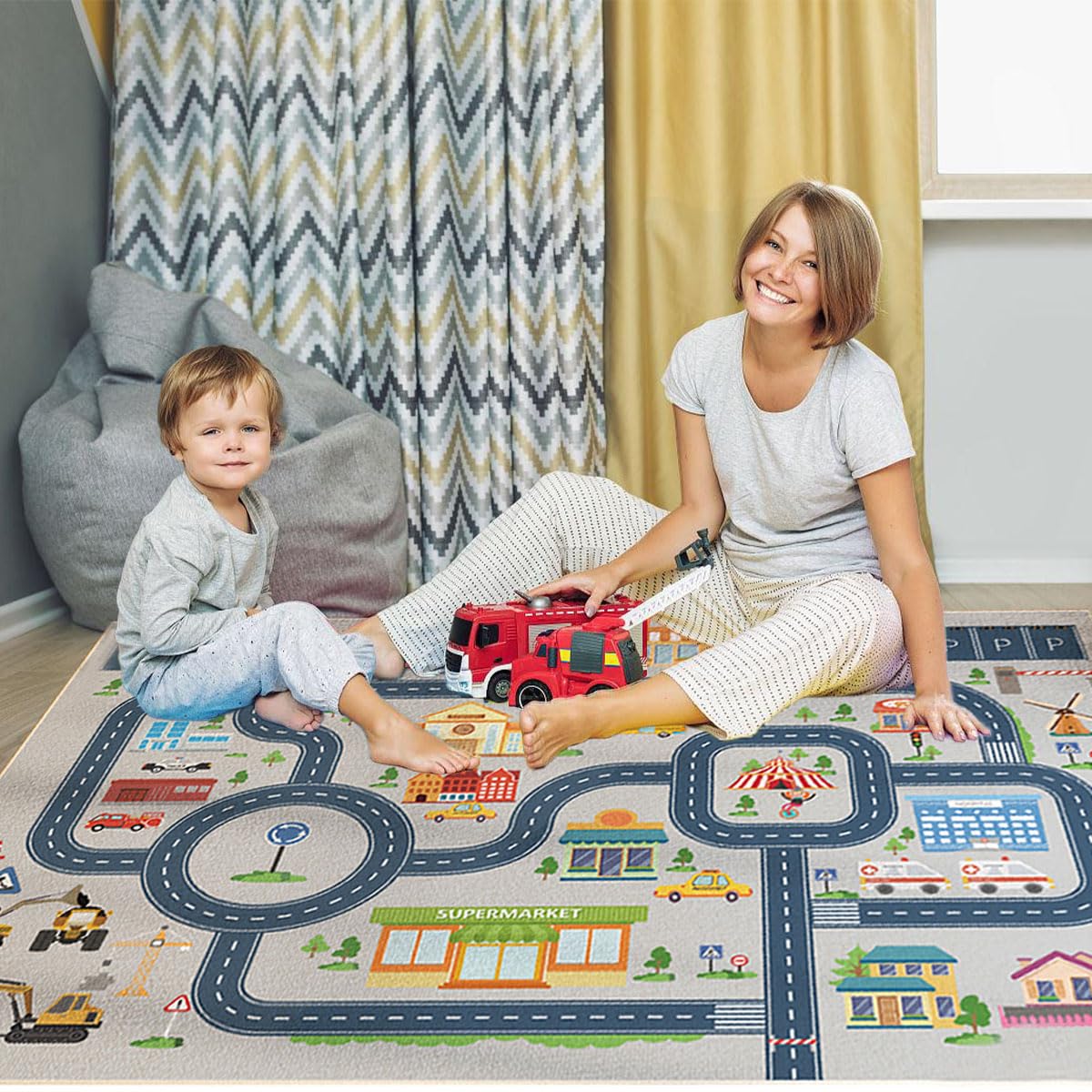 HOJOMACA Car Rug 32×47inch, Road Carpet Play Mat for Toy Cars, Non-Slip Race Track Carpet Rug, Educational Area Play Rugs for Children Playroom Bedroom (Town Road)