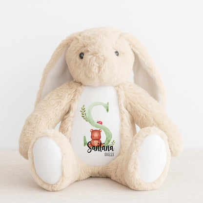 Crafted Memories - Personalised Teddy | Velveteen Bunny Soft Toy | Customisable Name for Newborns | Keepsake for Boys & Girls | Baby Shower Item | Green Initial | Grey or White, 20-23cm