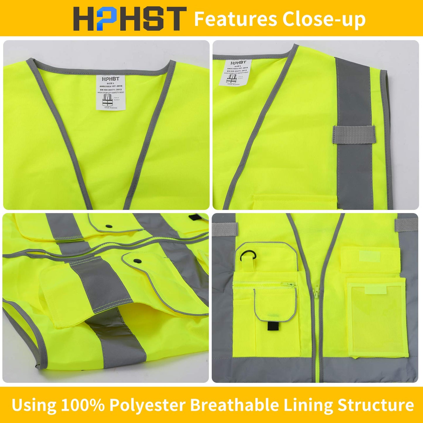 HPHST High Visibility Cycling Vest for Men and Women with Zip Reflective Vest Work Vest EN ISO 20471