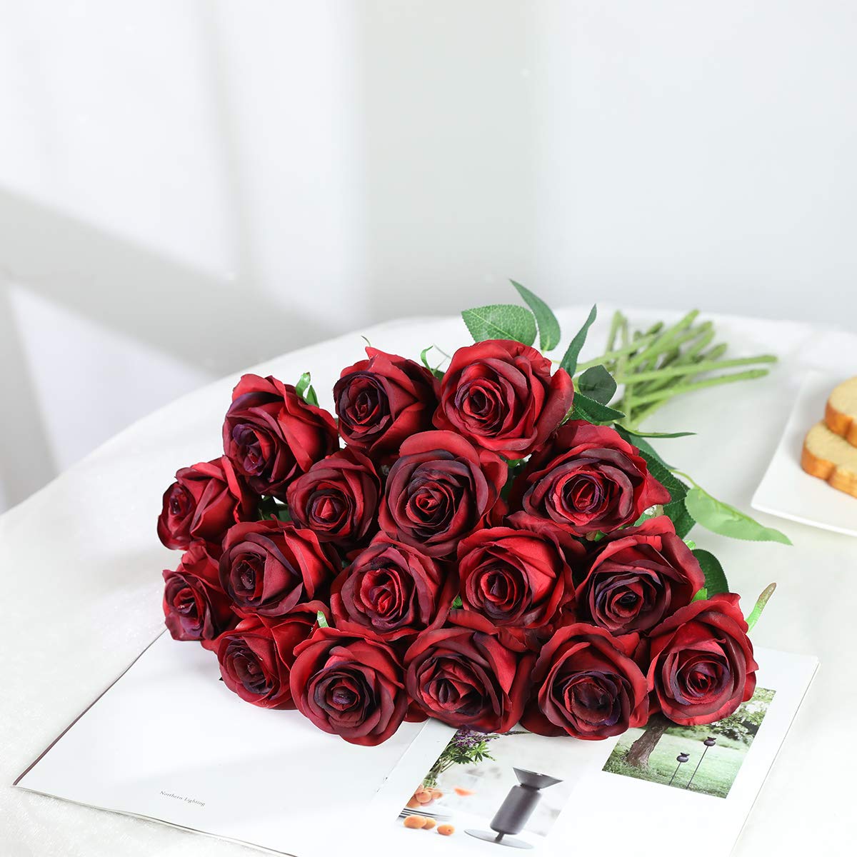 Tifuly 12 PCS Artificial Roses, 19.68'' Single Long Stem Fake Rose Silk Bridal Wedding Bouquet Realistic Flower for Home Garden Party Hotel Office Decor(Blossom Roses,Burgundy)