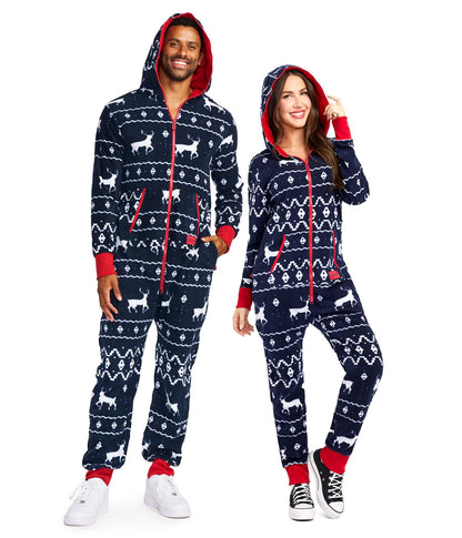 Tipsy Elves Blue Fair Isle Men's Pajamas Ugly Christmas Sweater Jumpsuit Navy Blue Large