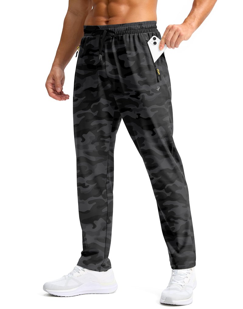 Pudolla Mens Elastic Waist Hiking Pants Water Resistant Quick-Dry Lightweight Cargo Pants for Men(Black Camo A L)
