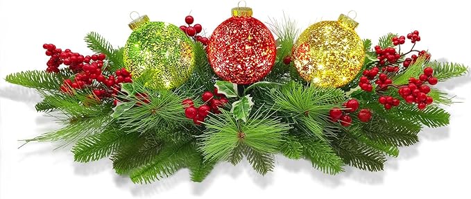 Christmas Centerpiece Table Decorations, Includes 3 LED Baubles Artificial Red Berries and Pine Cones Xmas Candelabrum for Dinning Room, Table, Fireplace, Mantel Decoration