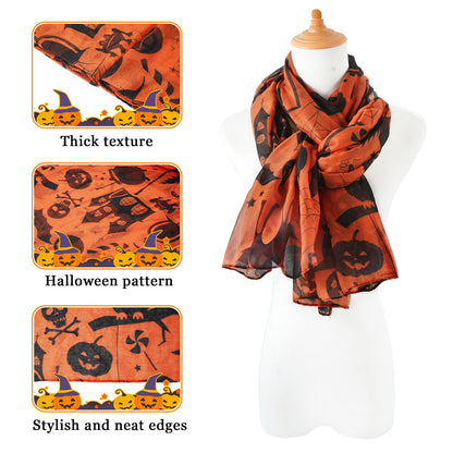 E-Clover Halloween Orange Scarf for Women Lightweight Cotton Voile Cute Printed Scarves Fall Fashion Shawl Wraps