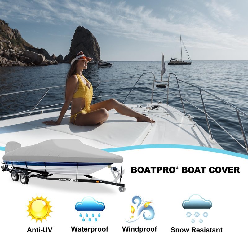 Boatpro Trailerable Boat Cover 17-19ft with Outboard Motor Cover, 900D Marine Canvas Waterproof & UV-Proof Heavy Duty Boat Covers for 17 feet 18ft 19' Foot V-Hull Bass Boat Runabout Boat, Gray