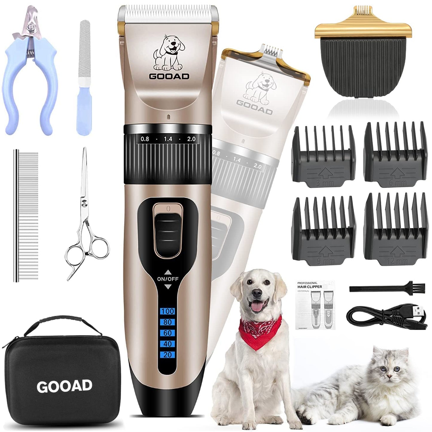 Gooad Dog Clippers for Grooming,Dog Grooming Kit for Heavy Thick Hair&Coats/Low Noise Rechargeable Cordless Hair Trimmer/Pet Shaver with Paw Trimmer for Small & Large Dogs Cats