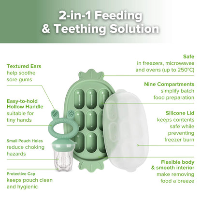 Haakaa Baby Fruit Food Feeder & Silicone Freezer Nibble Tray Combo - Breastmilk Popsicle Mold for Baby Cooling Relief, BPA Free Baby Mesh Food Feeder for Infant Self Feeding - Pea Green