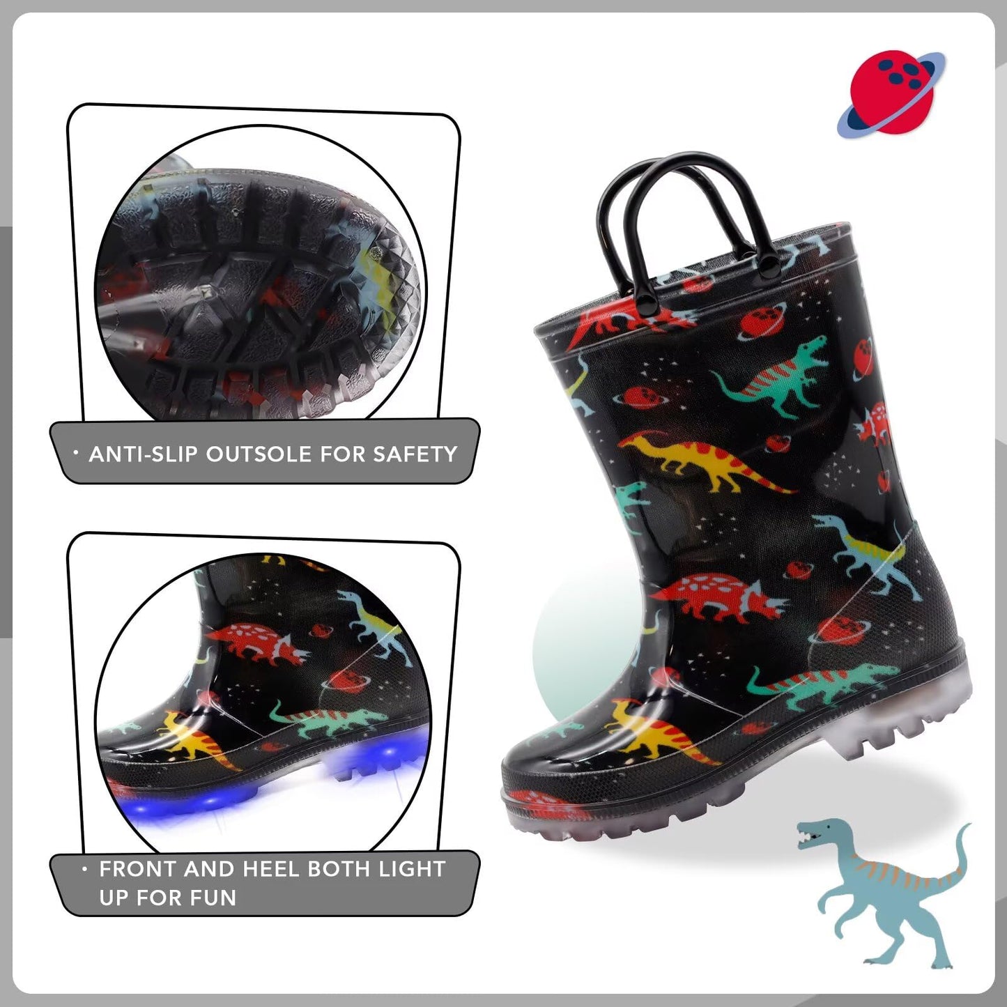 EUXTERPA Girls Boys Unisex Kids Wellies, Light Up Falshing Glitter Child Wellies With Handle for Baby Toddler Children Little Kid Size 12