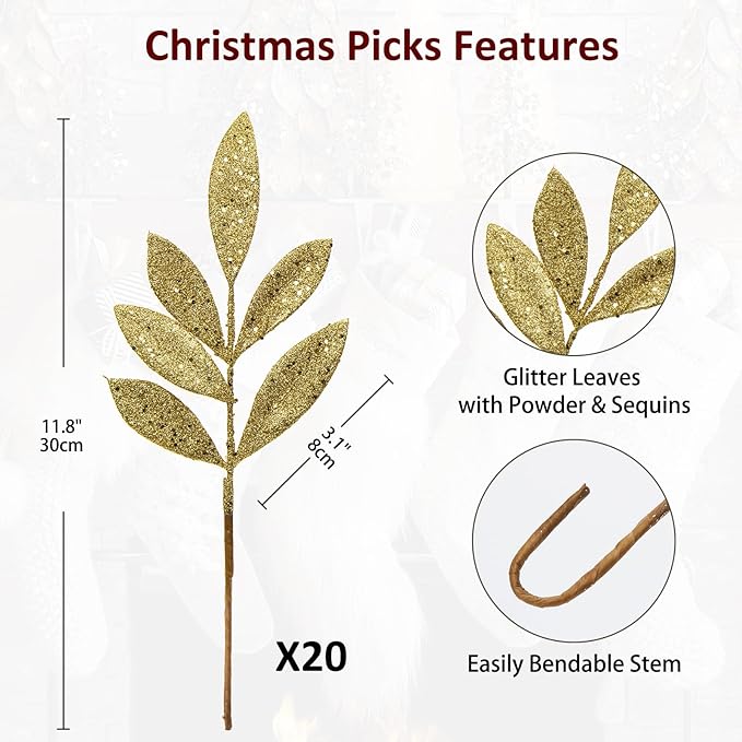 DILATATA 20 Pcs Christmas Glitter Bay Leaves 11" Gold Artificial Glitter Leaf Spray Christmas Tree Picks for Xmas Wreath DIY Garland Home Decor - Gold