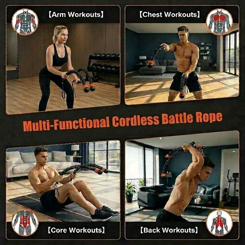 Portable Ropeless Battle Ropes, Weight-Adjustable Battle Ropes for Home Gym with Storage Bag, Low-Noise Battle Rope with Non-slip Handle, Cordless BattleRopes for Hiit & Low-Impact Cardio Training