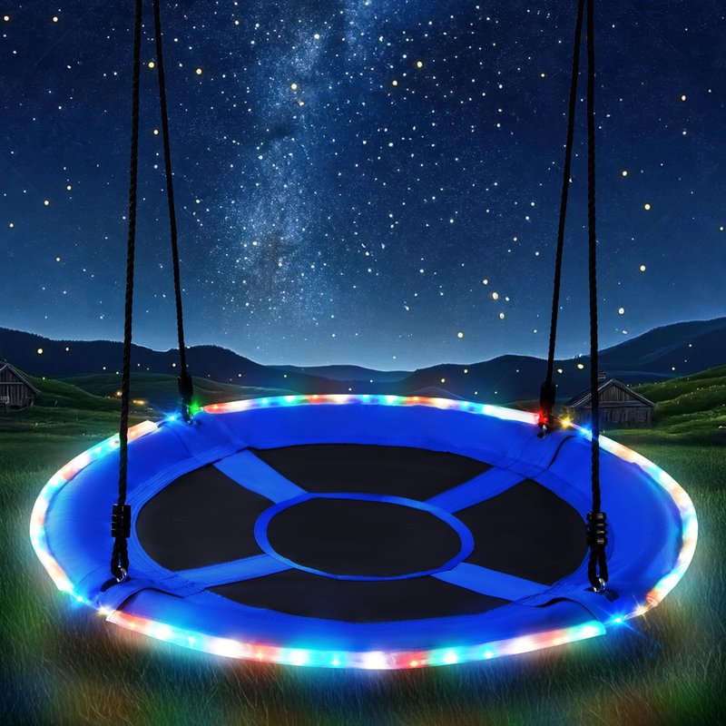 Trekassy 700lbs 40” Saucer Tree Swing with LED Lights for Kids Adults Outdoor 2 Tree Hanging Straps-Blue