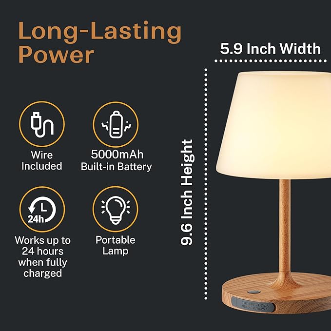 Battery Operated Table Lamp & Power Bank - 5000mAh Rechargeable Battery Powered, Touch Dimmable, 3 Color Temperatures, IP44 Waterproof Lamp Light for Home, Patio Outdoor Use - 9.6 In Modern Wood Grain