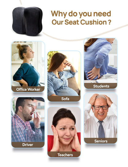 Travel Ease Ergonomic Seat Cushion, Premium Memory Foam Chair Pad with Anti-Slip Base for Long Hours Sitting Comfort, Hip Support Pillow for Office Chair, Car Seat, Gaming Chair (Black)