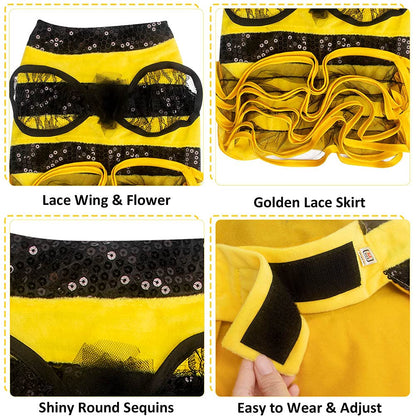 Bee Dog Costume - Bumblebee Pet Dress with Cap - Funny Halloween Outfit for Small, Medium, Large Dogs & Cats