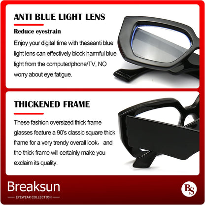 Breaksun Thick Frame Blue Light Glasses for Women Men Fashion Oversized Square Computer Gaming Eyeglasses (Black+ Olive green)
