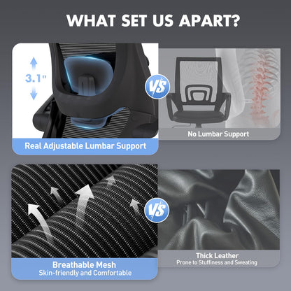 Ergonomic Office Chair with Adjustable Lumbar Support & Headrest – High Back Mesh Desk Chair with Flip-Up Armrests, Swivel Rolling Computer Chair for Home Office, Breathable & BIFMA Certified, Black