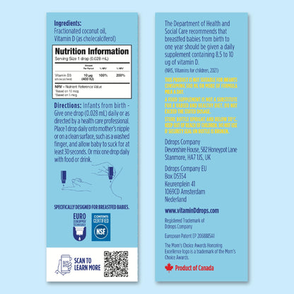 Baby Ddrops 10 µg 60 Drops - Daily Vitamin D3 Supplement for Infants and Young Children - Supports Teeth & Bone Health - No Preservatives, No Taste, Non-GMO, Allergy-Friendly.