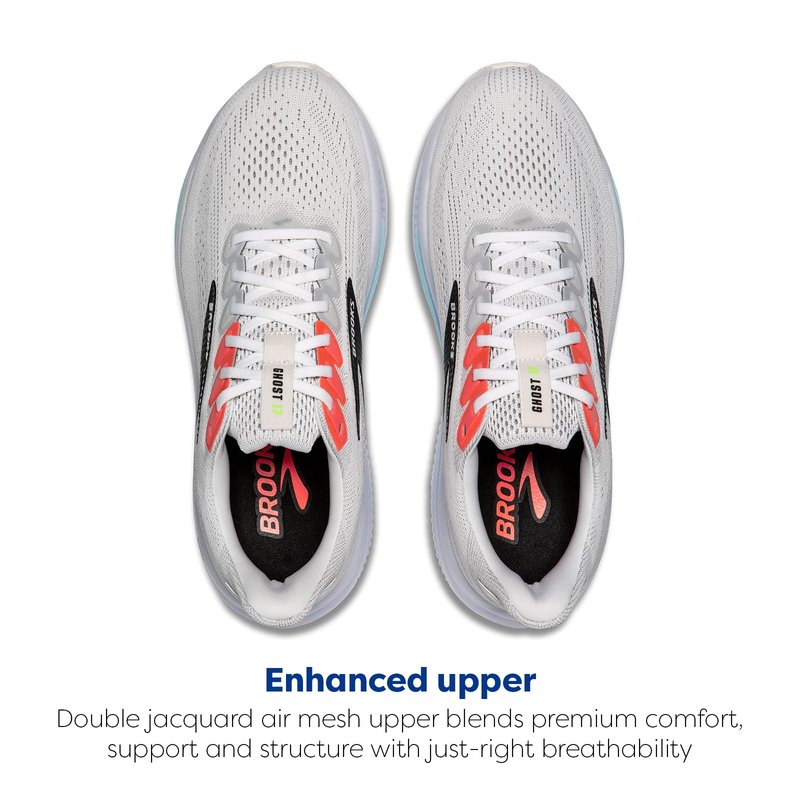 Brooks Men’s Ghost 17 Neutral Running Shoe - White/Pink Clay/Gecko - 11.5 Wide