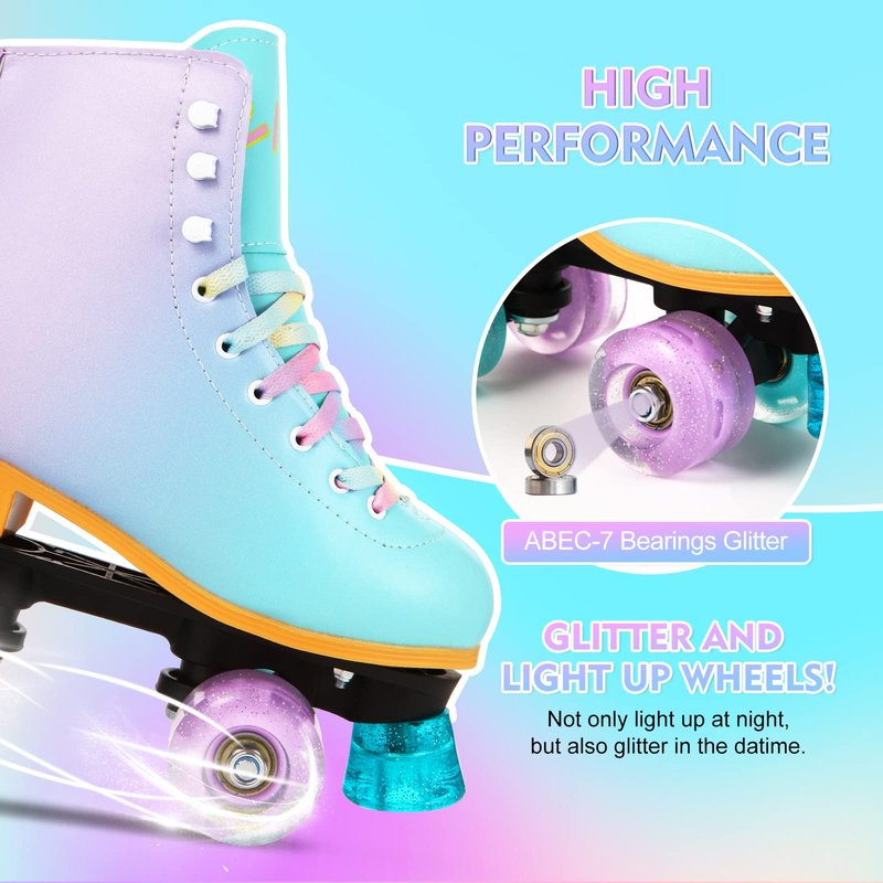LIKU Quad Roller Skates for Girl and Women with All Wheel Light Up,Indoor/Outdoor Lace-Up Fun Illuminating Roller Skate for Kid (Purple, 1-2)