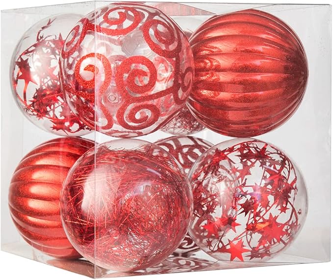 XmasExp 8ct Christmas Ball Ornaments Set -Large Clear Plastic Shatterproof Xmas Tree Ball Hanging Baubles Stuffed Delicate Glittering for Holiday Wedding Xmas Party Decoration (100mm/3.94",red)