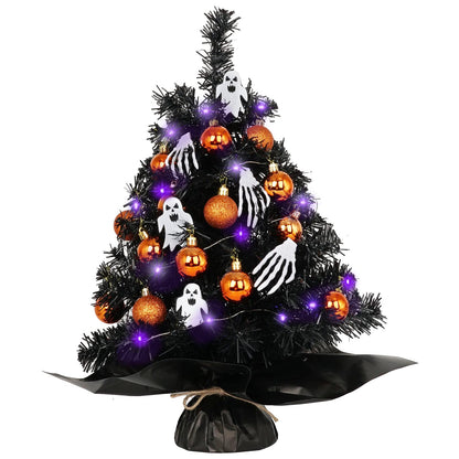20" Mini Halloween Tree Black Tree Artificial Mini Halloween Tree with Purple LED Lights, Orange Balls Ornaments, Skeleton Hand and Ghost Decorations for Halloween Tabletop Decoration