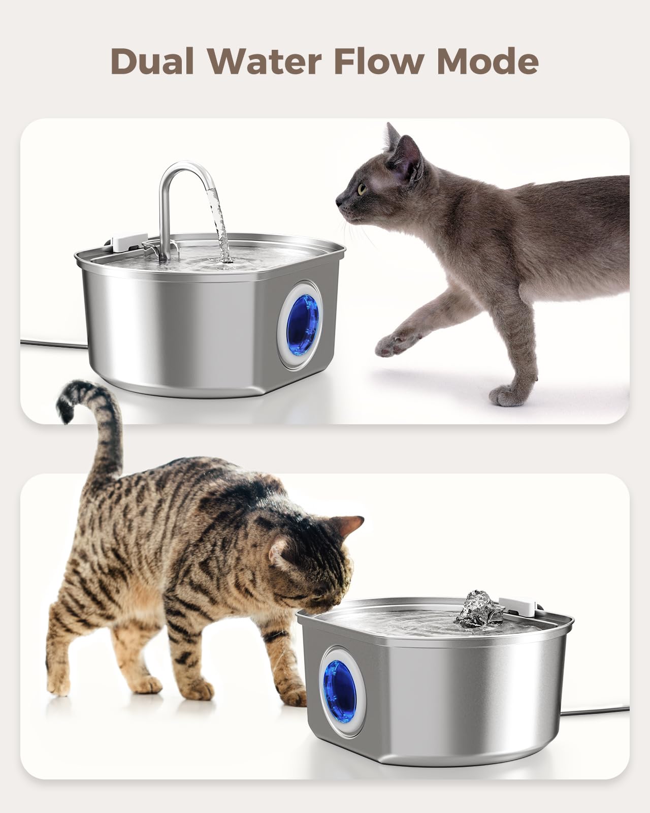 Cat Water Fountain Stainless Steel: 108oz/3.2L Cat Fountain for Drinking- Pet Water Fountain for Cats Inside - Automatic Cat Water Dispenser Bowl - Cat Feeding & Watering Supplies - Water Level Window