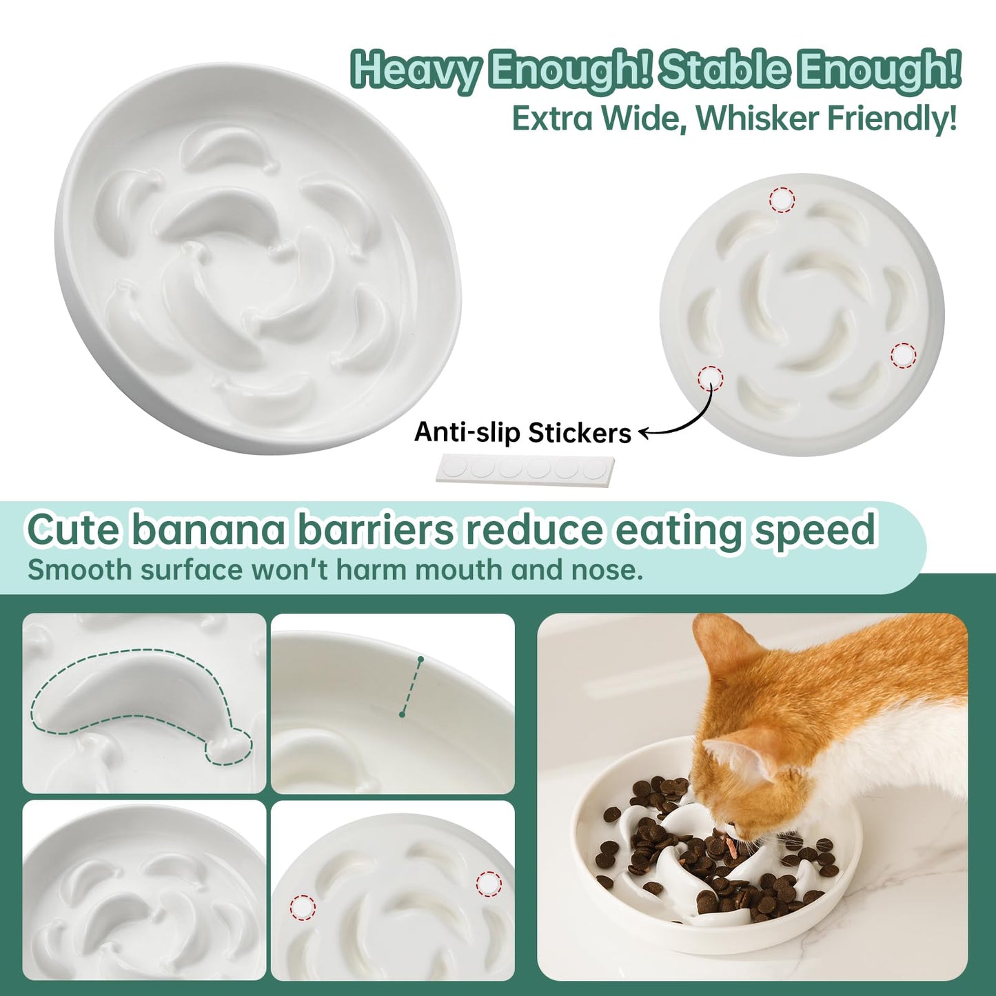 Ceramic Cat Slow Feeder Bowl - Pastel Series Cat Plate for Dry and Wet Food - Cute Maze Feeder Dish for Healthy Eating - Dishwasher Safe - 6.3''W x 1.2''H - 7 OZ - Ivory White