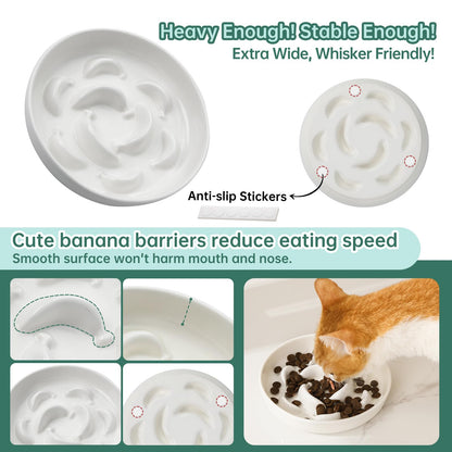 Ceramic Cat Slow Feeder Bowl - Pastel Series Cat Plate for Dry and Wet Food - Cute Maze Feeder Dish for Healthy Eating - Dishwasher Safe - 6.3''W x 1.2''H - 7 OZ - Ivory White