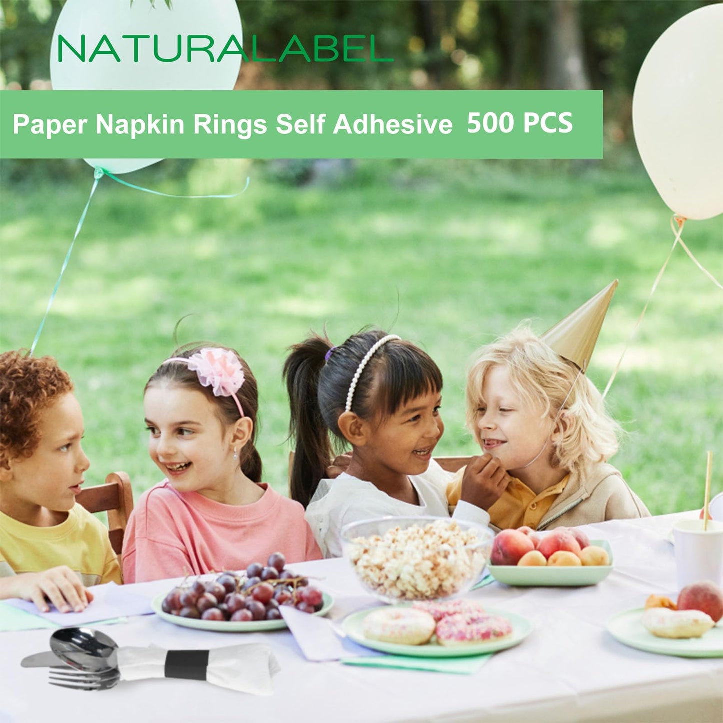 NATURALABEL 500 PCS Paper Napkin Rings with Box, Self-Adhesive Napkin Bands, for Family Meal, Birthday Party, Wedding, Celebration (Black)