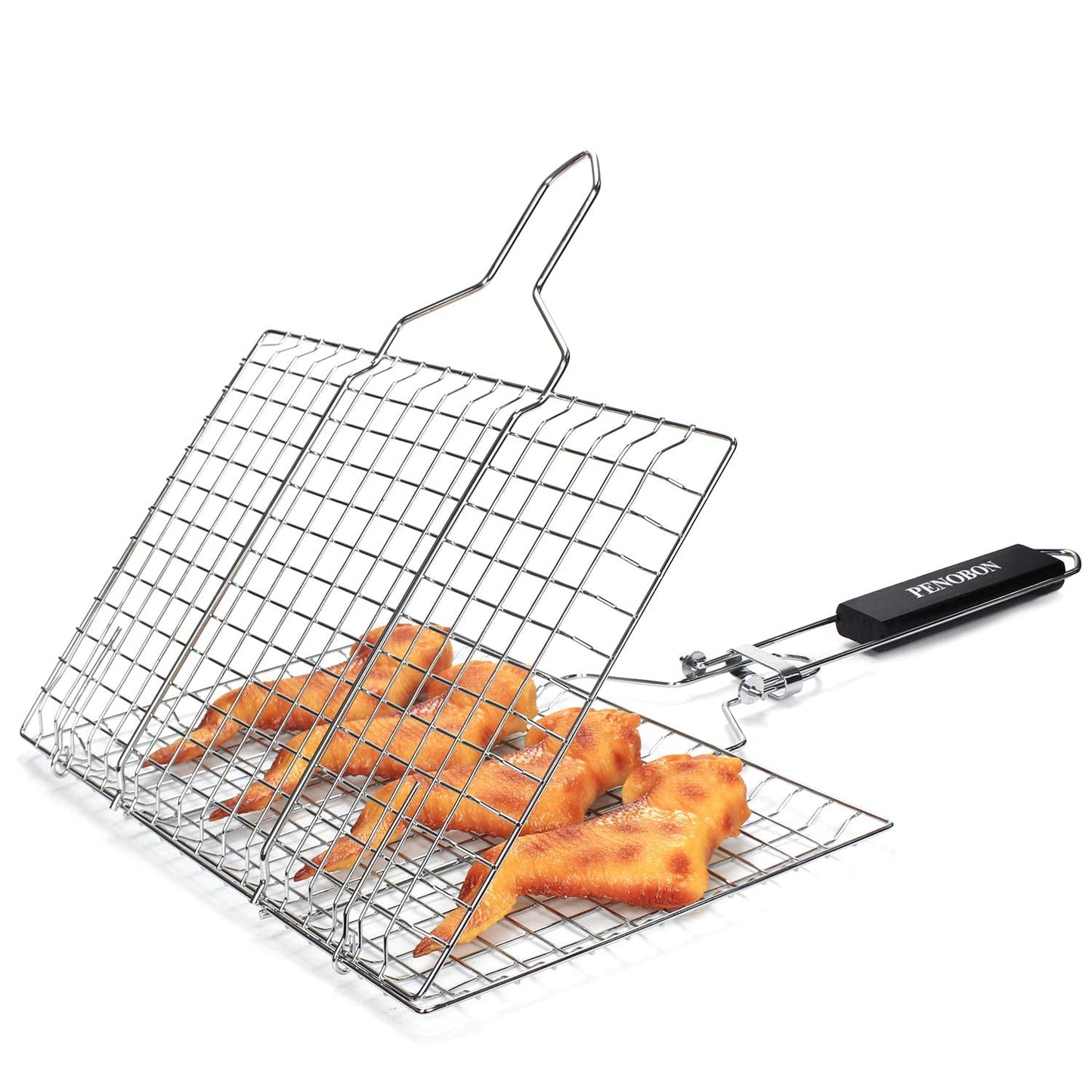 penobon Fish Grilling Basket, Folding Portable Stainless Steel BBQ Grill Basket for Fish Vegetables Shrimp with Removable Handle, Come with Basting Brush and Storage Bag