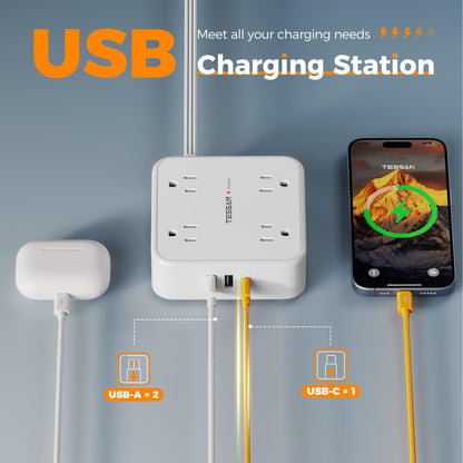 TESSAN Surge Protector Power Strip, 5 Ft Flat Plug Extension Cord with 3 USB (1 USB C) 8 Outlets, 900J Surge Protection, 3 Sided Outlet Extender with Power Switch for Office, Dorm Room Essentials