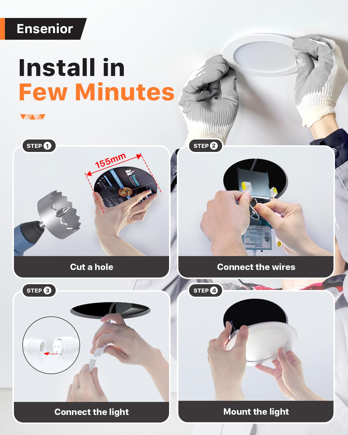 Ensenior 24 Pack 6 Inch LED Recessed Ceiling Light, Dimmable, 4000K Cool White, 1050LM 12W 120V, High Brightness Canless Wafer Downlight - ETL&FCC&IC