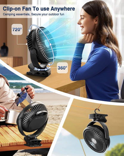 FRIZCOL 12000mAh 8 Inch Portable Clip On Fan Rechargeable, Battery Operated Desk Fan, Camping Fans with lights and Remote, USB Fans Sturdy Clamp for Golf Cart Desk Office Stroller Bedroom Tent