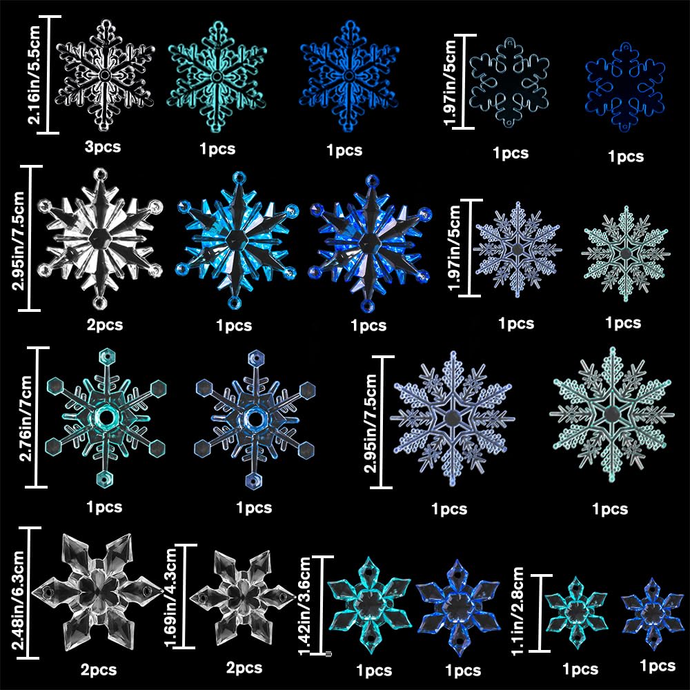 YUJUN 56PCS Christmas Snowflakes Crystal Decorations Winter Blue Snowflakes Christmas Tree Icicle Drops Ornaments Hanging Chandelier Pendants Beads for Xmas Winter New Year Wedding Party Decor