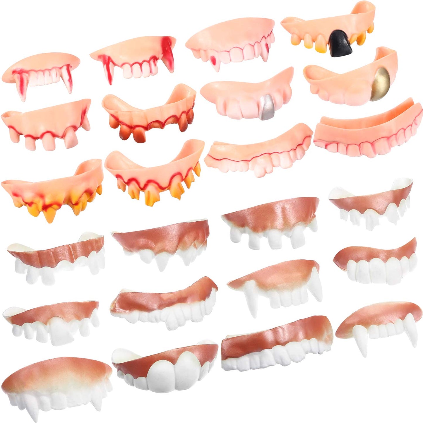Boao 24 Pieces Halloween Vampire Teeth Fake Gnarly Gag Teeth Ugly Joke Tooth Prank Denture Funny Costume for Halloween Cosplay Photos Props, Birthday Surprise Party Favors