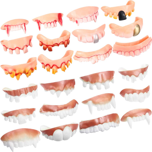Boao 24 Pieces Halloween Vampire Teeth Fake Gnarly Gag Teeth Ugly Joke Tooth Prank Denture Funny Costume for Halloween Cosplay Photos Props, Birthday Surprise Party Favors