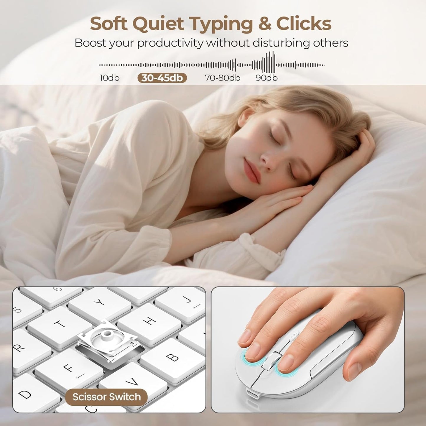 seenda Rechargeable Wireless Keyboard and Mouse, SK38-3 Ultra Slim Quiet USB Keyboard and Mouse Set for Windows Laptop PC, Full-Size QWERTY UK Layout, Silver and White