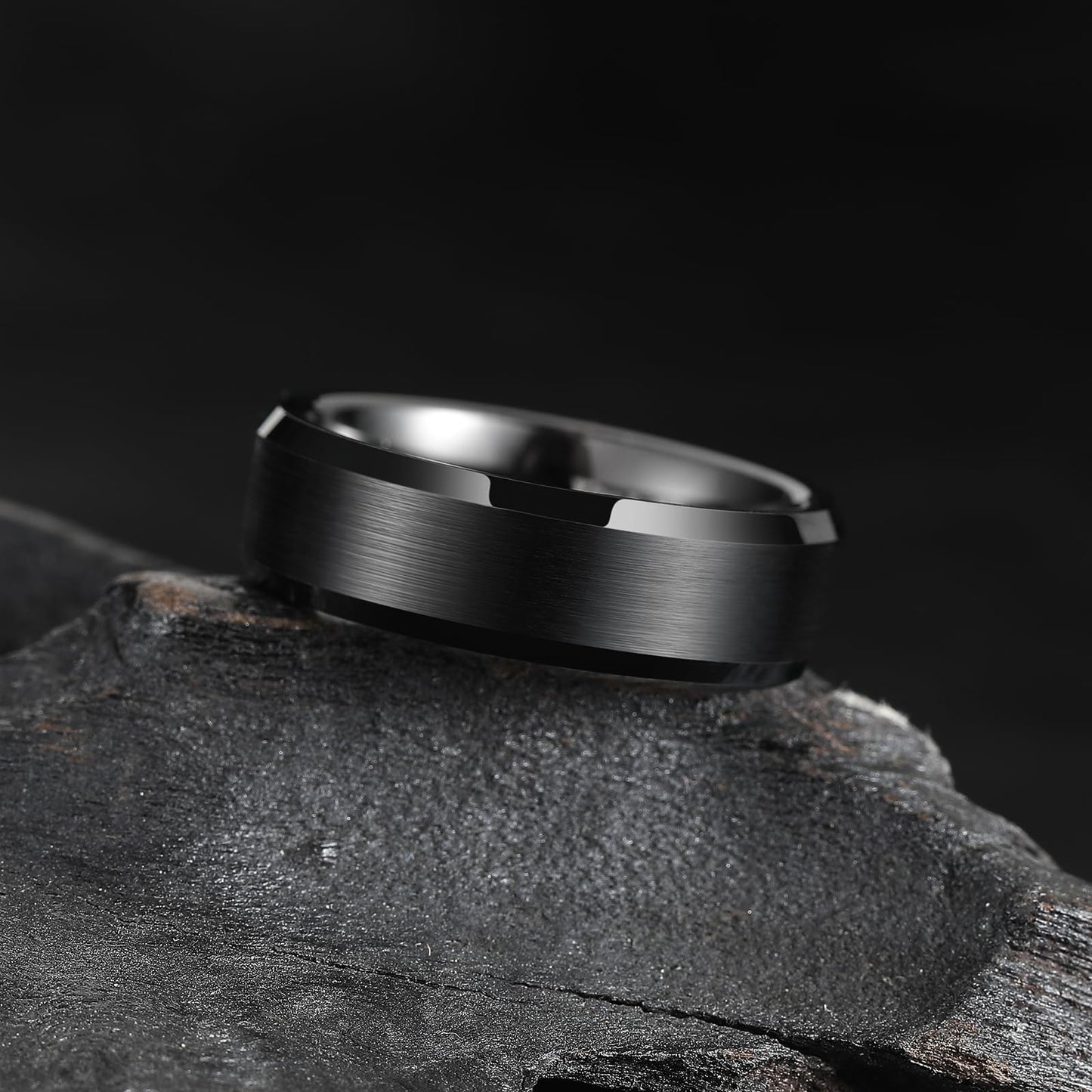 King Will BASIC 7mm Men Black Tungsten Carbide Wedding Ring Brushed Finish Beveled Polished Edge 10