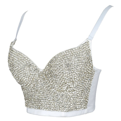 ELLACCI Women's Rhinestone Diamond Push up Bustier Crop Top Sexy Punk Corset Bra White Medium