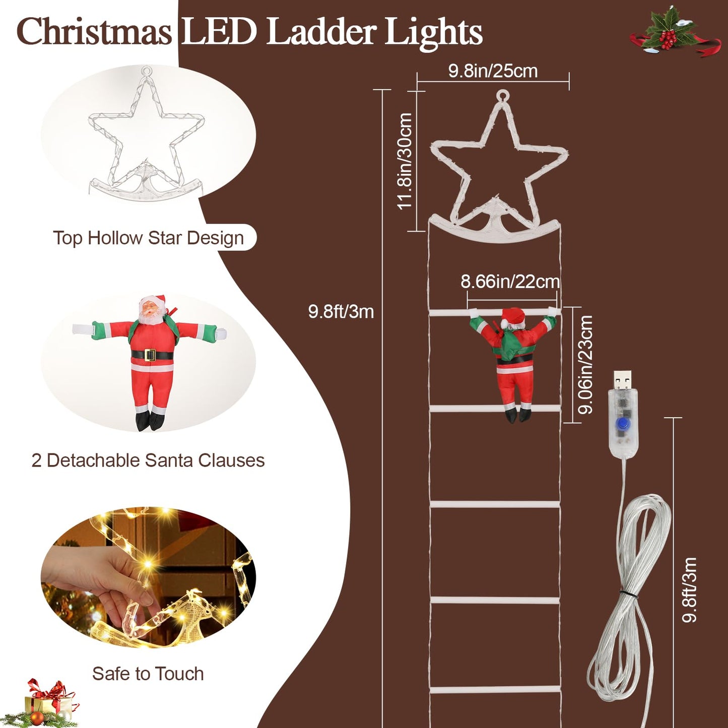 Lewondr Christmas Ladder Lights, 9.8ft Xmas Decorative Light with 2 Santa Ladder Climbing, 298 LED Lights, 8 Modes Remote Control, Outdoor Christmas Decor Indoor Window Wall Xmas Tree Decor,Warm White