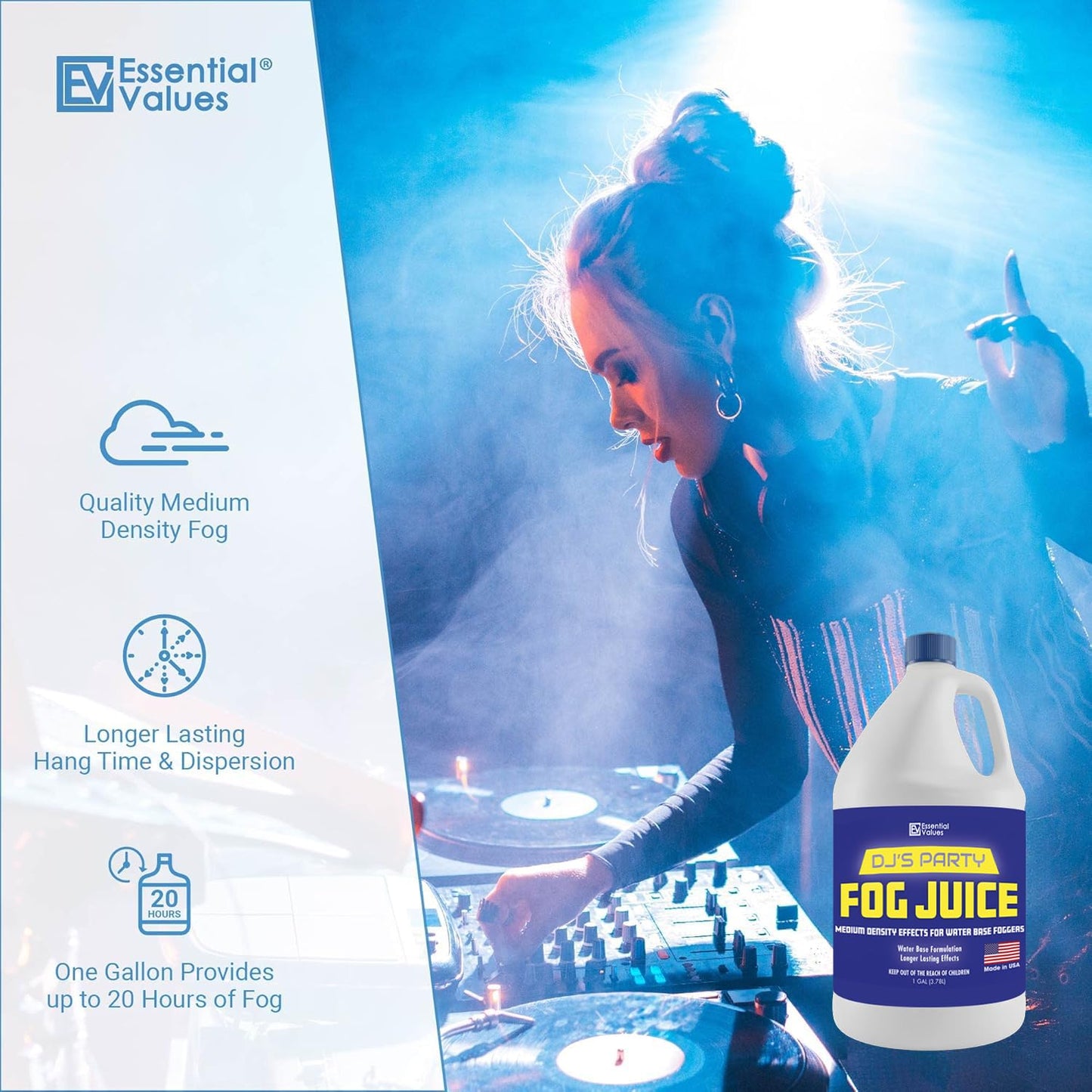 Essential Values Fog Machine Fluid 3.78 litres - Fog Juice Long-Lasting Medium Density Fog for Water Based Foggers, Perfect for 400 Watt to 1500 Fog Machines - Outdoor or Indoor
