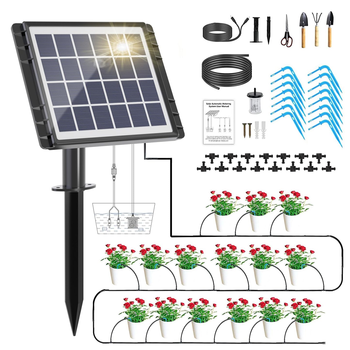 HEKIWAY 49FT Solar Drip Irrigation System, Auto Watering Kit for 15 Pots, Solar-Powered Plant Watering, 25 Timer Modes, 900ml/min Flow Indoor/Outdoor Garden, Balcony & Patio Irrigation System