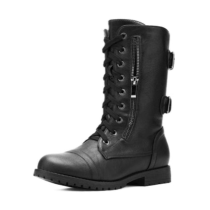 DREAM PAIRS Women's Combat Boots, Mid Calf Built-in Wallet Pocket Lace up Military Ankle Booties,Size 10,Classic Black,TERRAN