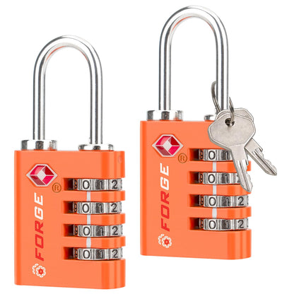 Forge Dual-Opening: Key or Combination Access Lock, TSA Approved Locks for Luggage, Pelican case, Travel, Gym, School, Stainless Steel Shackle.(Orange, 2 Pk)